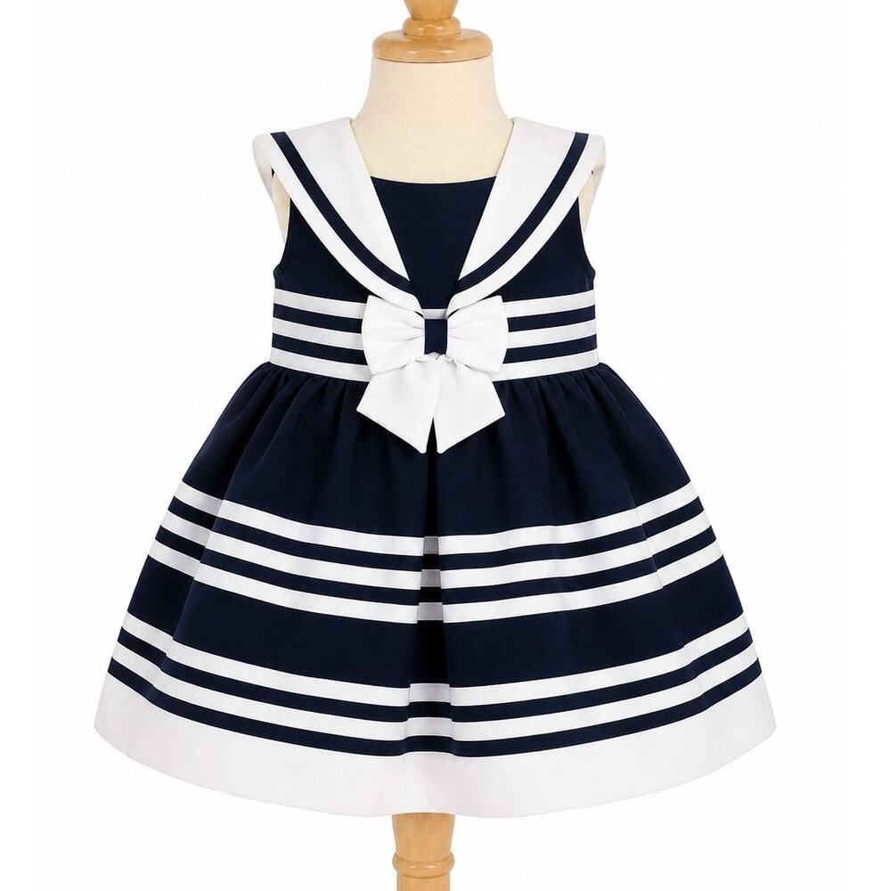 Jessica Ann Baby Girl Sailor Dress Navy White Nautical Stripe Bow Coastal Preppy